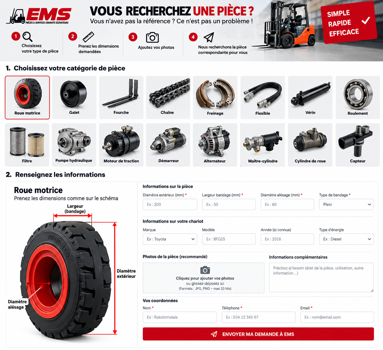 Recherche de pièce EMS : catégories, dimensions et formulaire