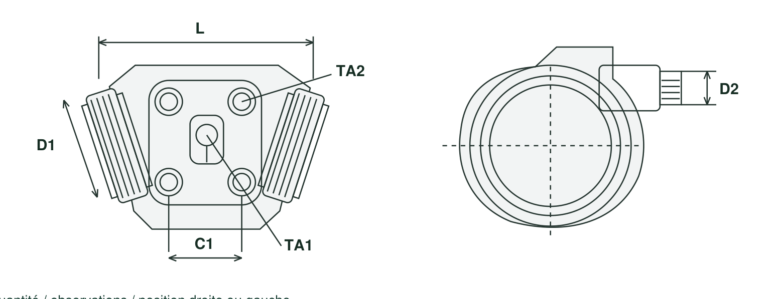 Schéma cylindre de roue : D1, D2, L, C1, TA1 et TA2